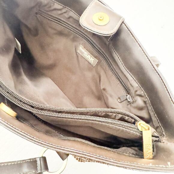 The Sak Brown Elliott Lucca Crochet Vintage Leather Handle Tan Handbag Purse - Picture 5 of 7